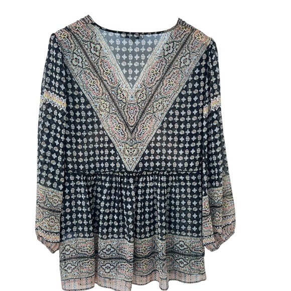 Rose + Olive Tunic Top Bohemian Paisley Print Long Sleeve Large Sheer ‎ NWOT - Picture 1 of 13